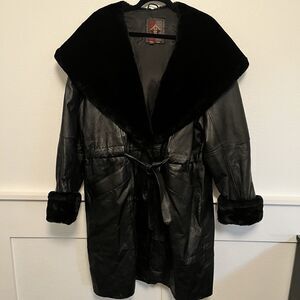 Vintage Leather Coat Plus Size 1X Black Faux Fur Jacket Belted
